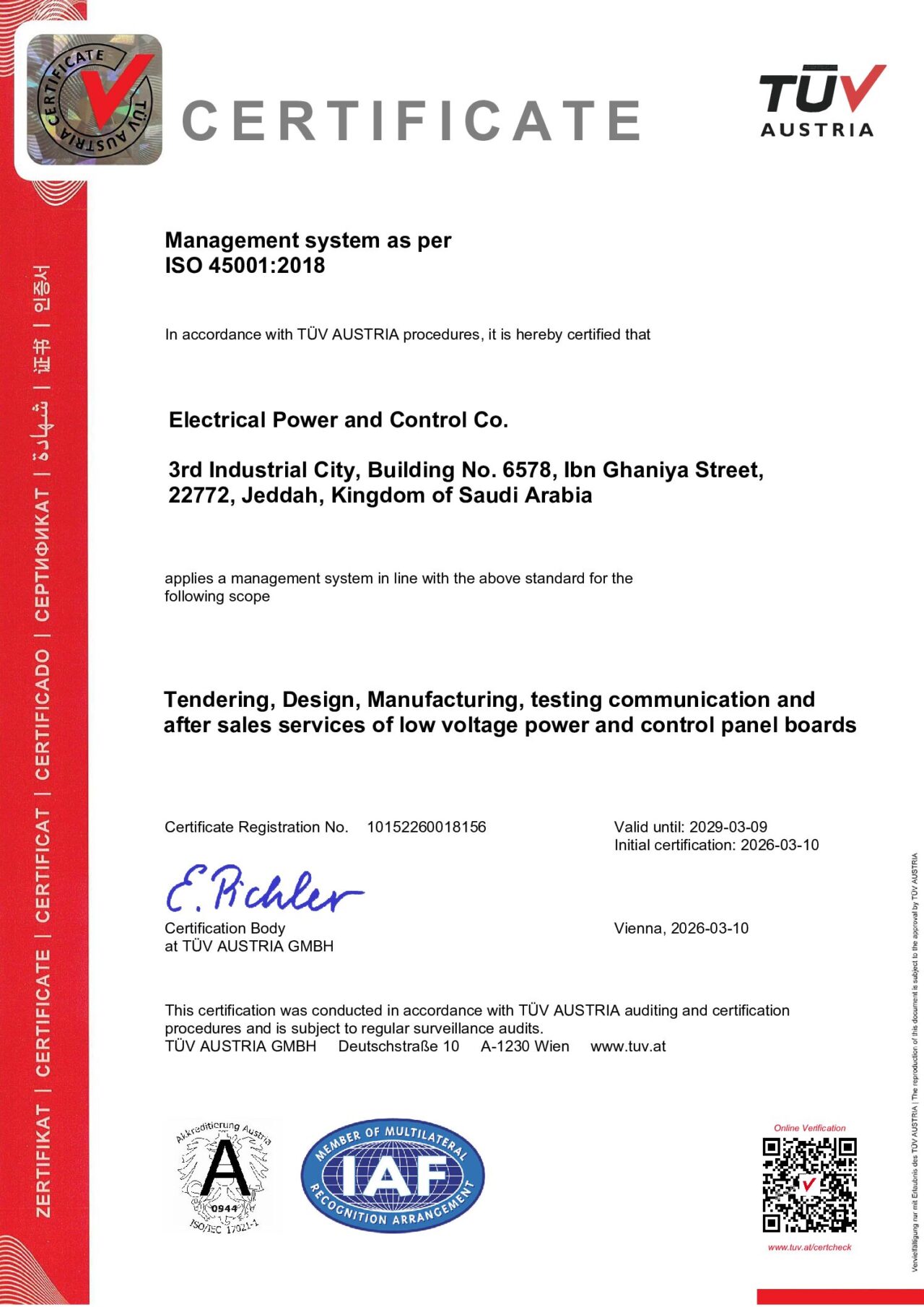 ISO Certificate 45001 TUV Occupational Health and Safety